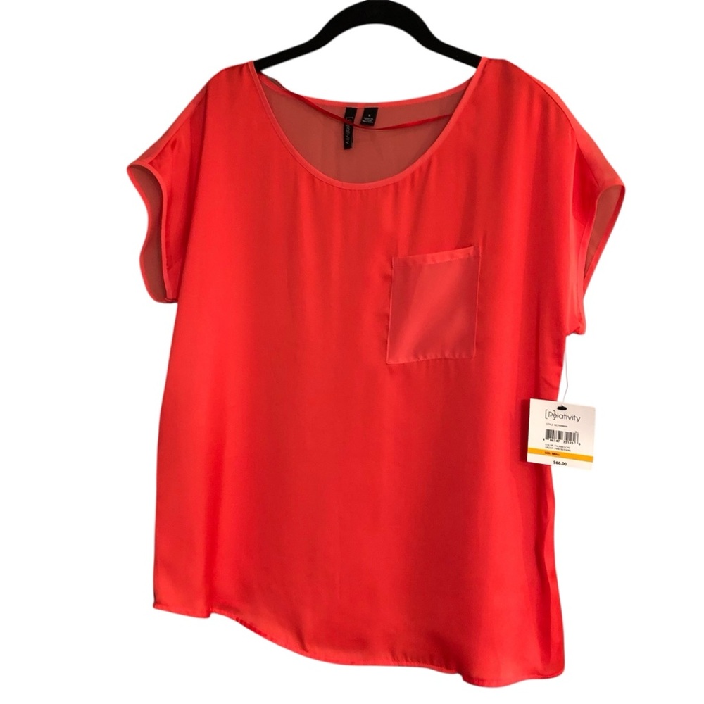 Relativity NWT Bright Coral Pink Short Sleeve Lightweight Sheer Pocket Top S
